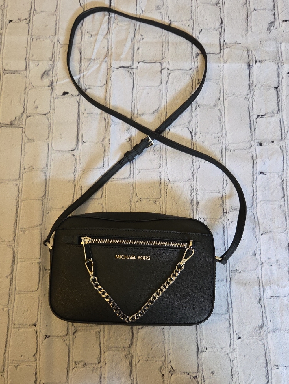 Michael Kors Black Crossbody Camera Bag with Silver Chain Accent